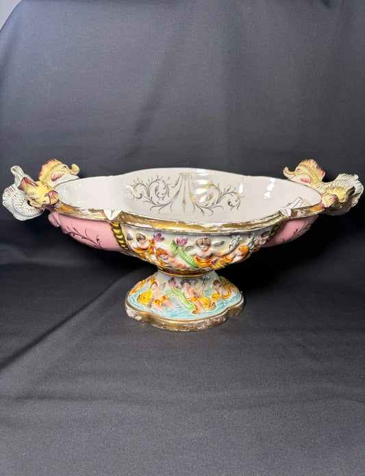 Antique Italian Capodimonte Centerpiece Bowl - Hand-Painted Cherubs Crazing
