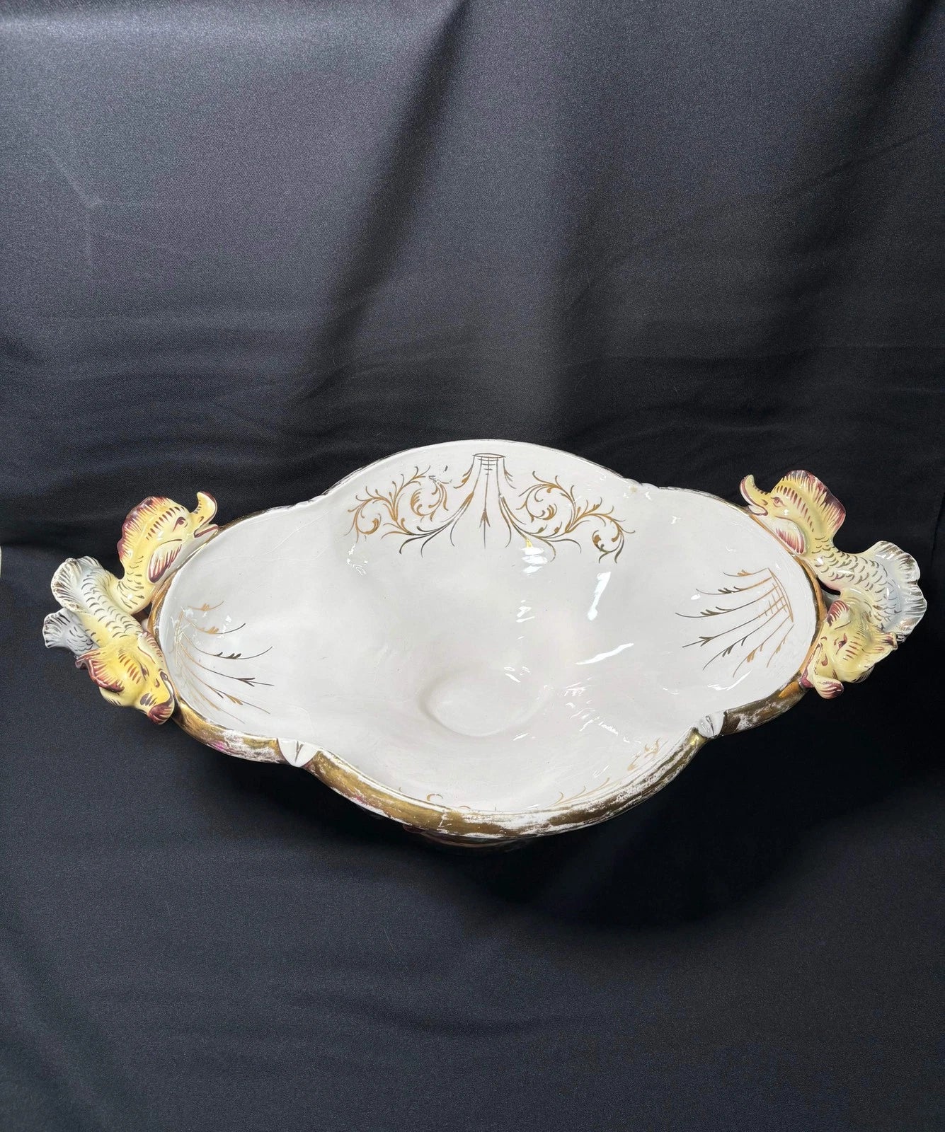 Antique Italian Capodimonte Centerpiece Bowl - Hand-Painted Cherubs Crazing