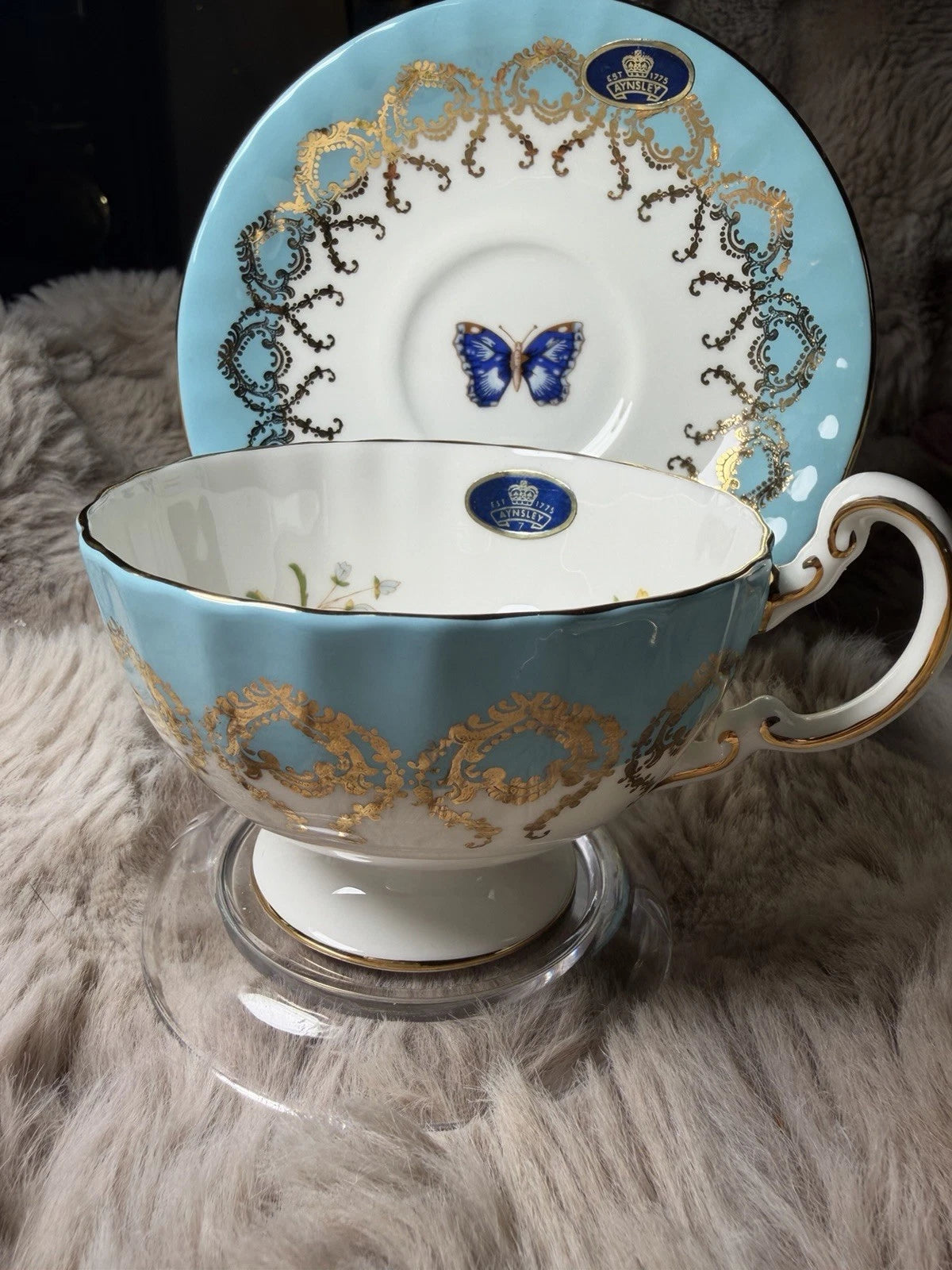 Aynsley Oban Cottage Garden Teacup & Saucer Bone China Butterfly Blue