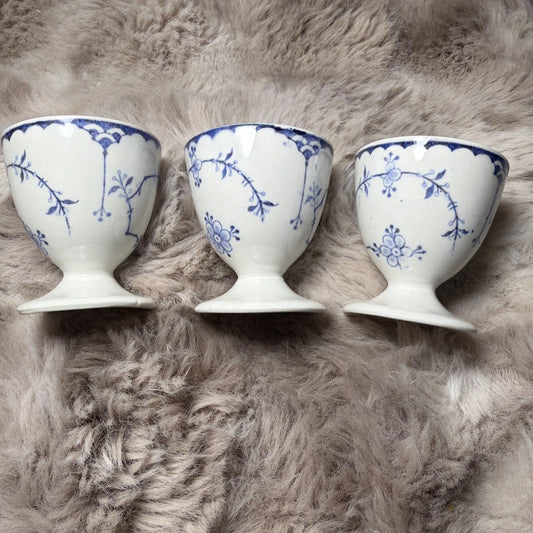 Vintage Blue & White Egg Cups – Lot of 3 – 1 w/ Hairline Crack