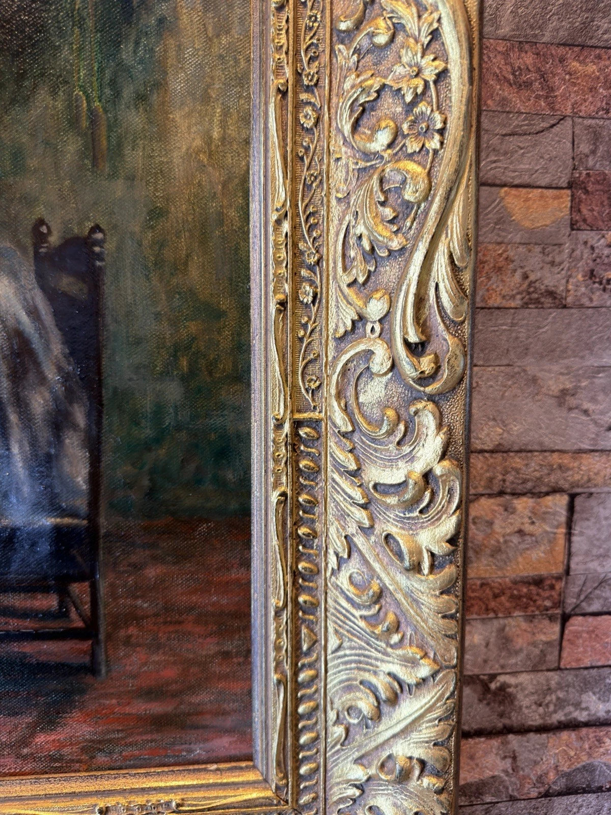 Antique Original Oil Painting – Fireside Interior Scene – Ornate Gilt Frame