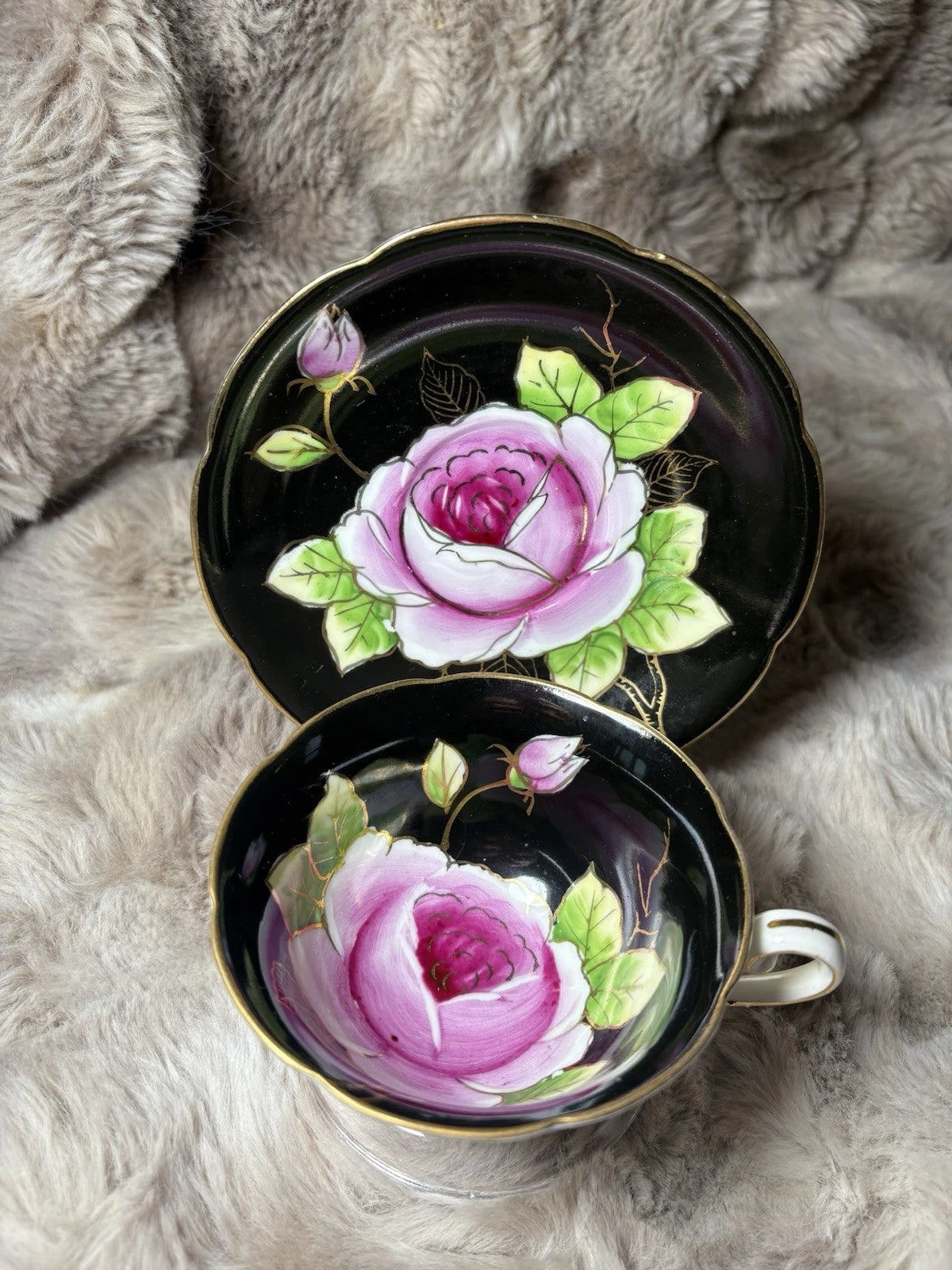 Vintage Tea Cup And Saucer - Cabbage Rose Black Gold - Occupied Japan (1945-52)