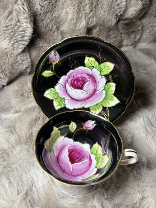 Vintage Tea Cup And Saucer - Cabbage Rose Black Gold - Occupied Japan (1945-52)