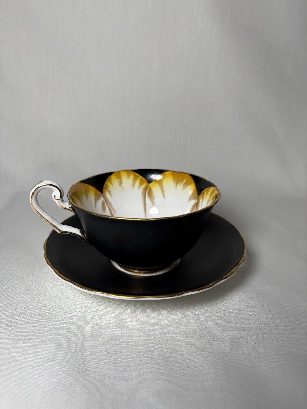 Victoria C&E Bone China “Jonquil” Teacup & Saucer Black Gold England- Crazing
