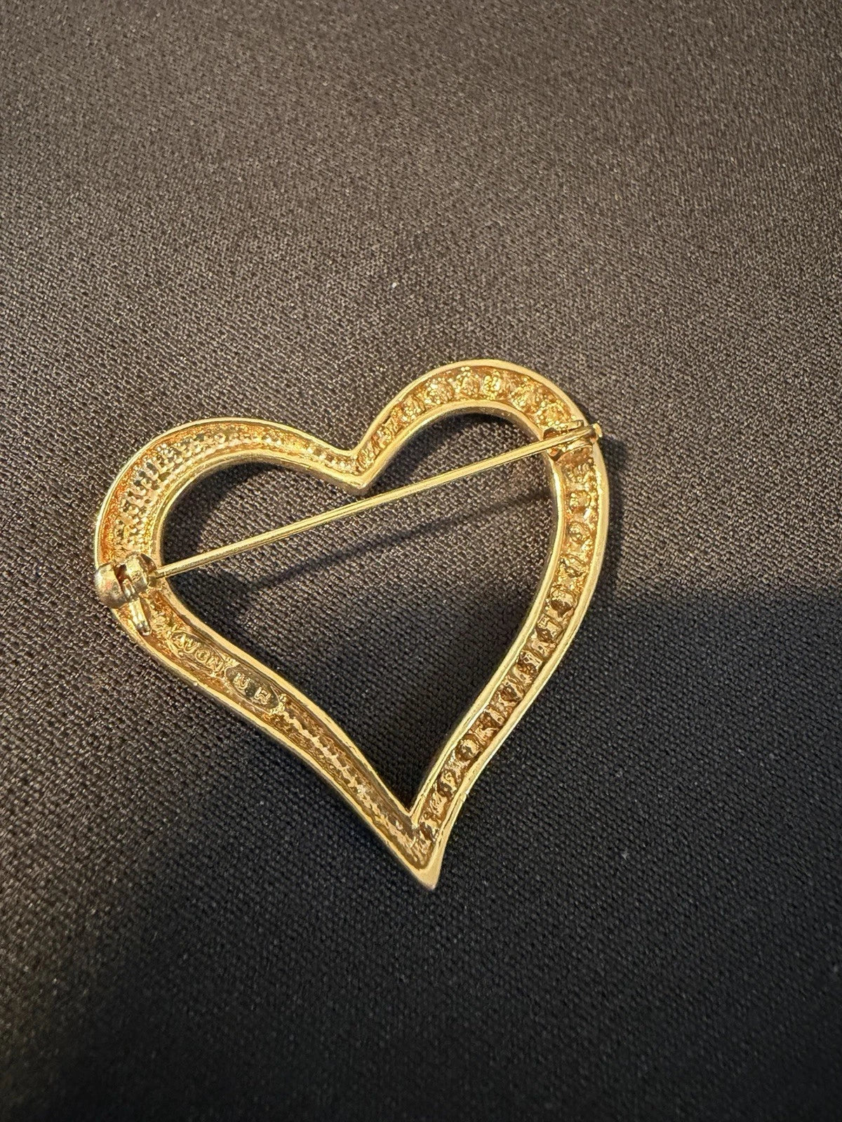 Vintage Avon Gold Tone Heart Brooch Rhinestone Accent Love Pin Signed Romantic