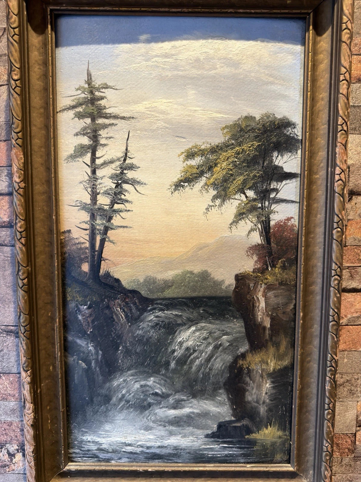 Antique Oil Painting – Dramatic Waterfall Landscape – Ornate Frame