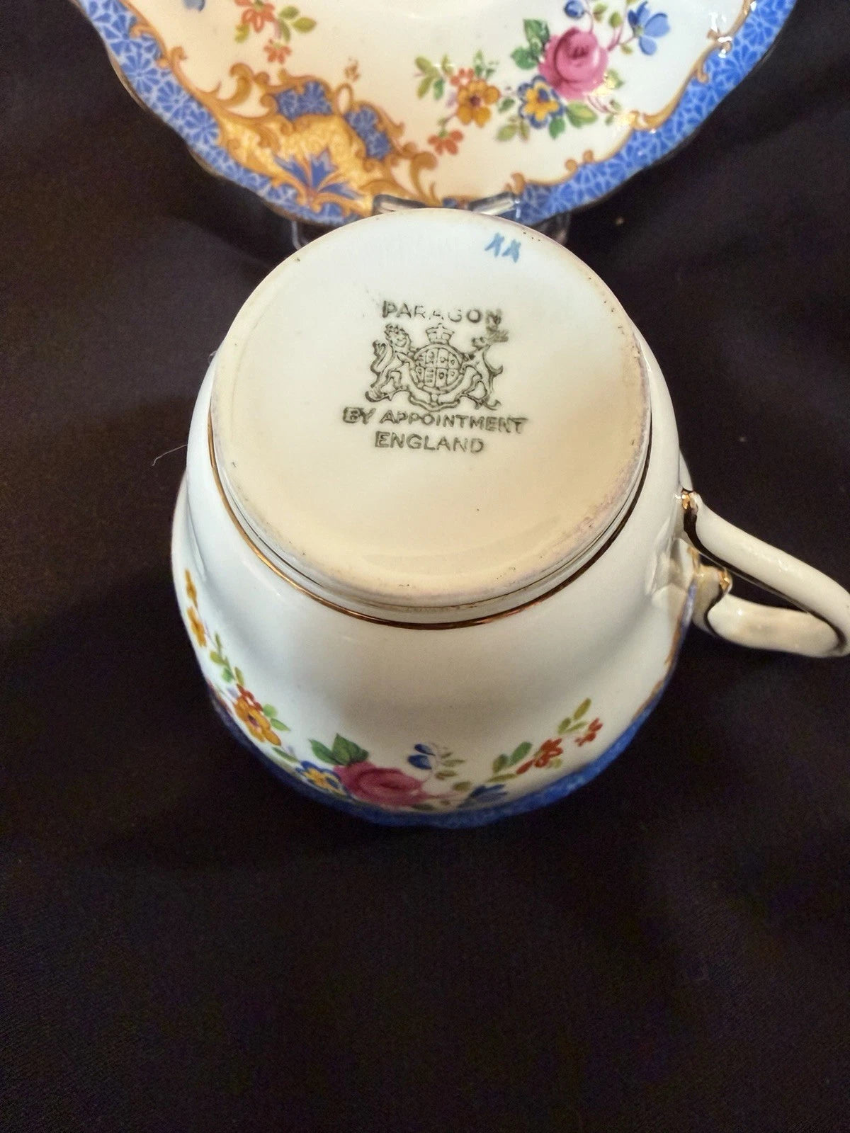 Paragon Fine Bone China Teacup & Saucer Blue Floral Gold READ Crack/Crazing