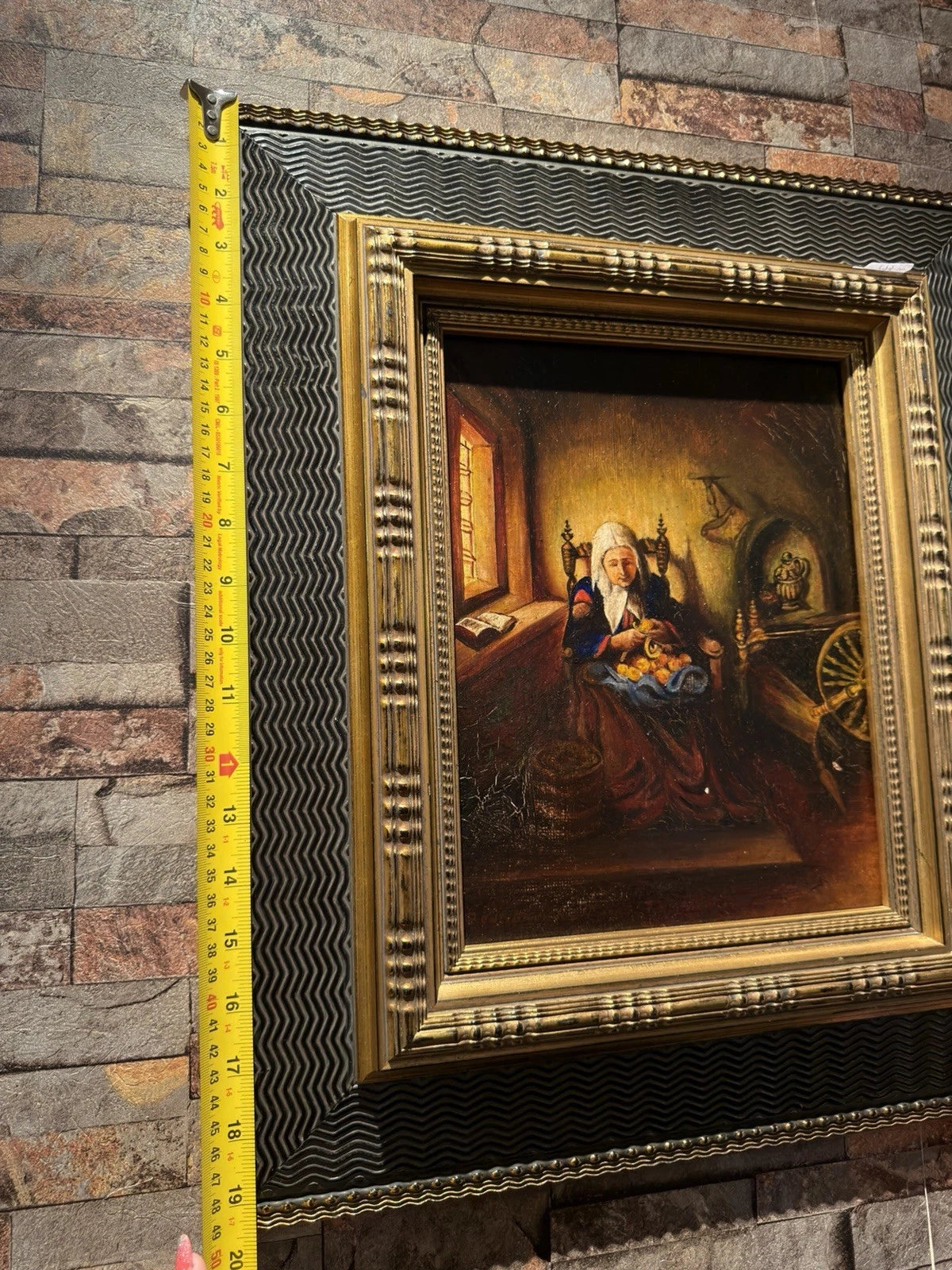 Antique Style Oil Painting Woman Cutting Fruit Interior Scene Ornate Gilt Frame