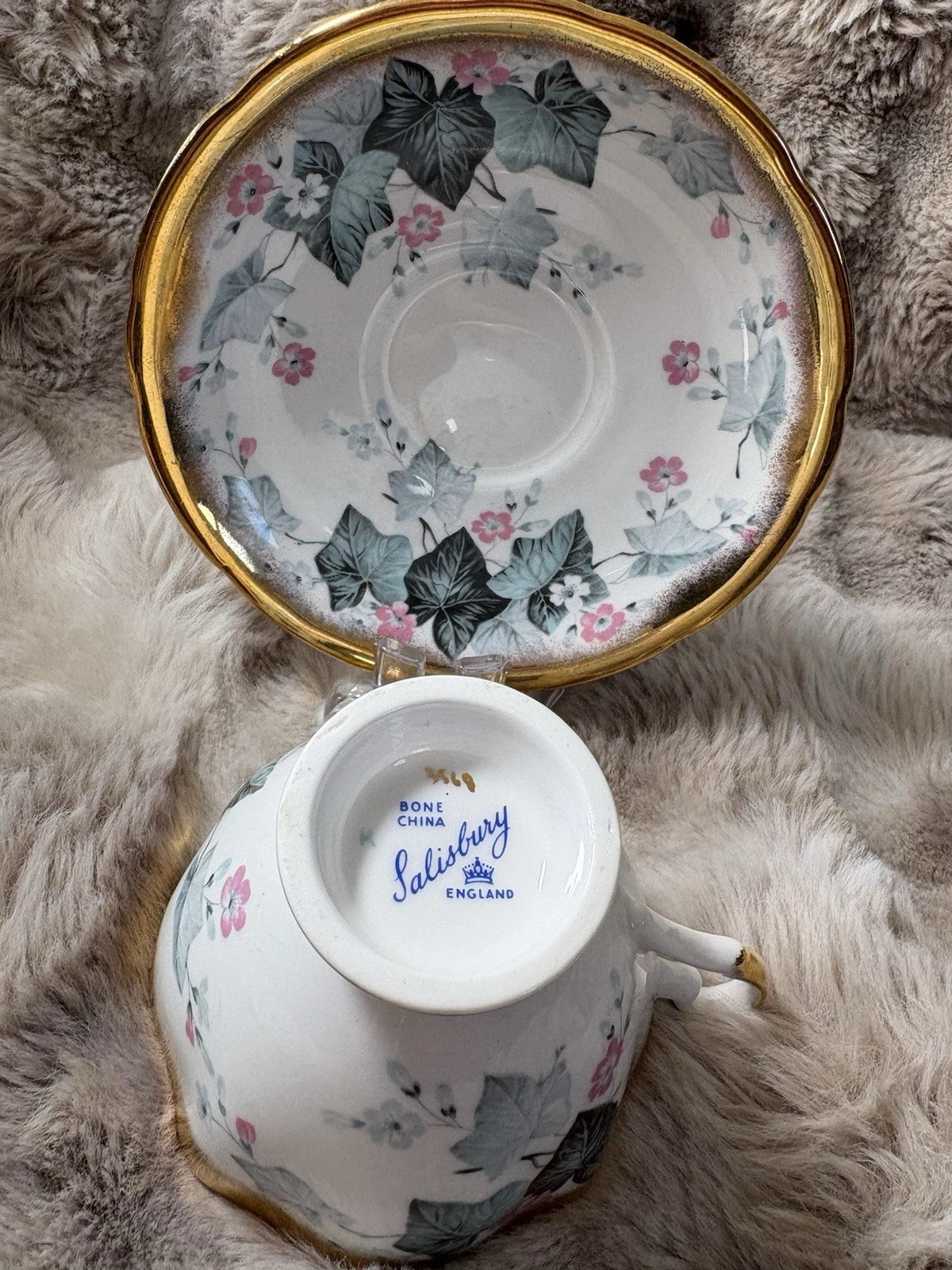 Vintage Salisbury Bone China Tea Cup & Saucer – Ivy Pattern - Gold Trim - Pings