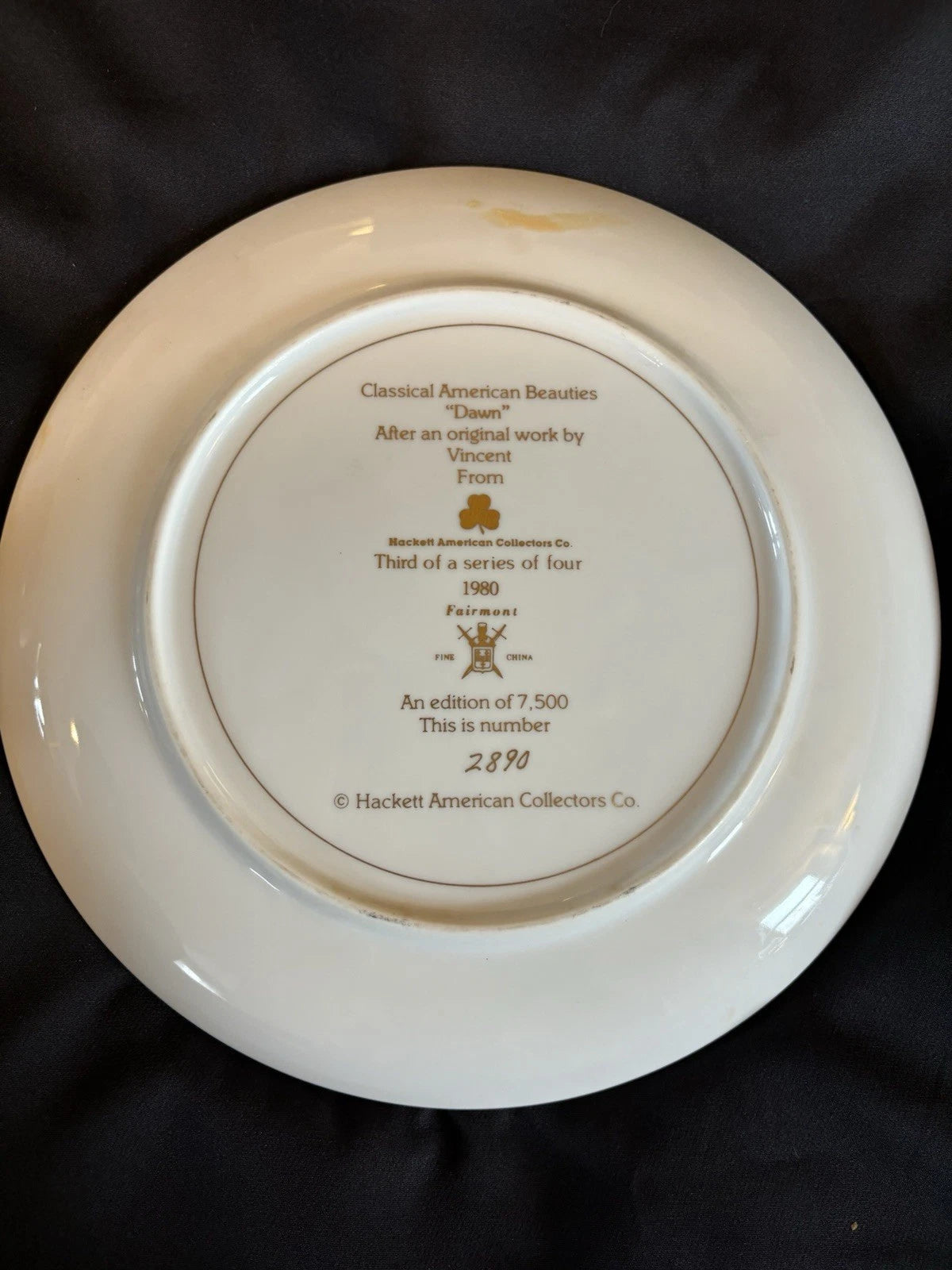 1980 Hackett American Collectors Plate “Dawn” Vincent Limited Edition 2890/7500
