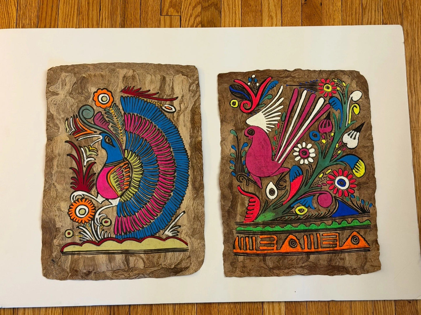 Pair of Vintage Mexican Folk Art Paintings on Tree Bark – Hand-Painted