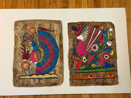 Pair of Vintage Mexican Folk Art Paintings on Tree Bark – Hand-Painted