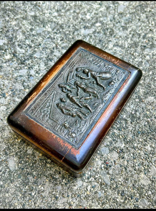 Antique Handcrafted Wooden Box – Engraved Folk Art Panel