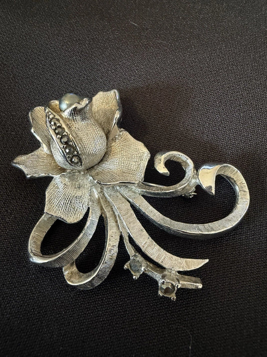 Vintage Silver Tone Flower Brooch Black Rhinestones Textured Floral Pin