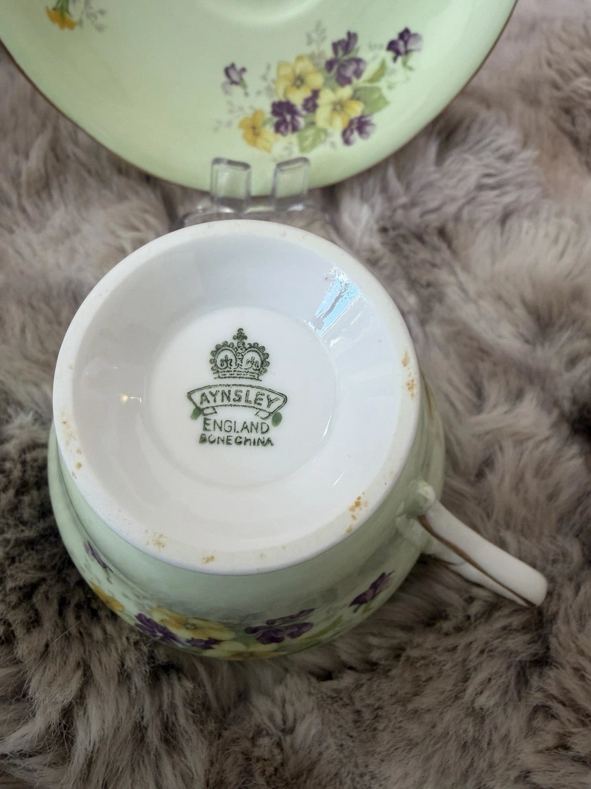 Aynsley England Bone China Teacup & Saucer – Green Pansy Floral – Gold Trim