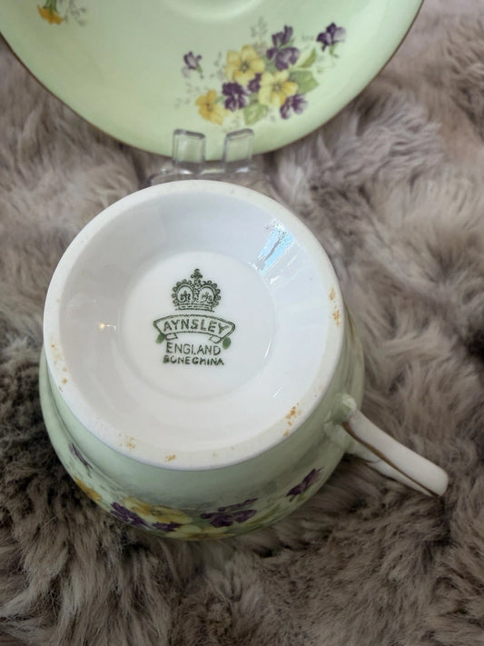 Aynsley England Bone China Teacup & Saucer – Green Pansy Floral – Gold Trim