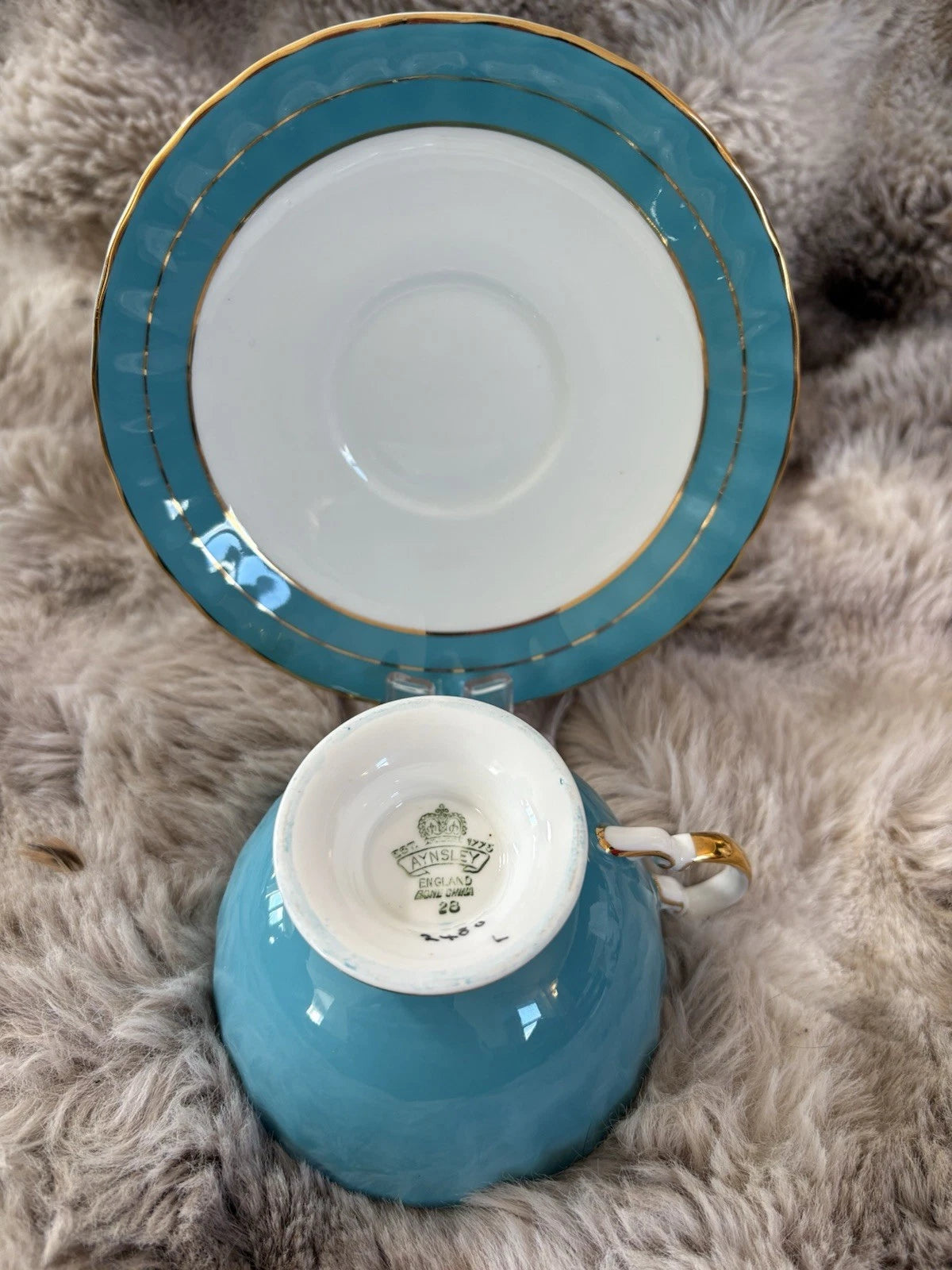 Aynsley England Teal Teacup & Saucer | Gold Gilt | Signed Fruit Painting - Pings