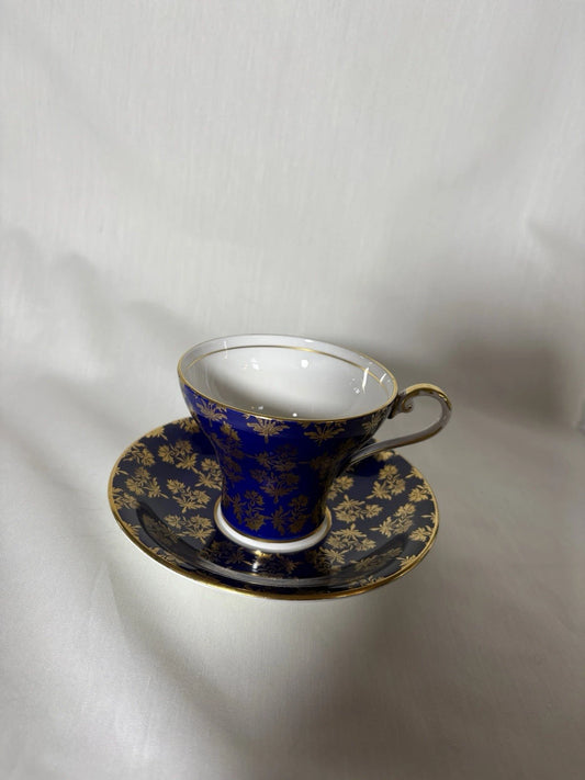 Aynsley England Bone China Cup & Saucer Blue Gold Leaf Cracked Cup- Fine Crack
