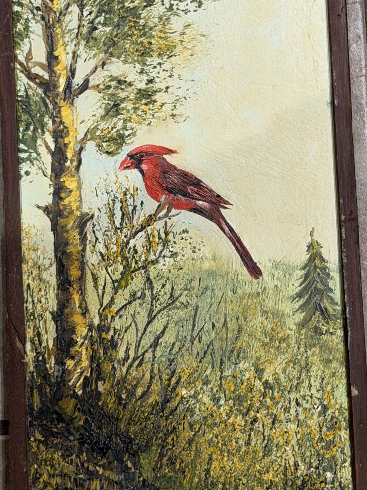 Original Oil Painting – Red Cardinal Bird Landscape – Signed K. Haley – Vintage
