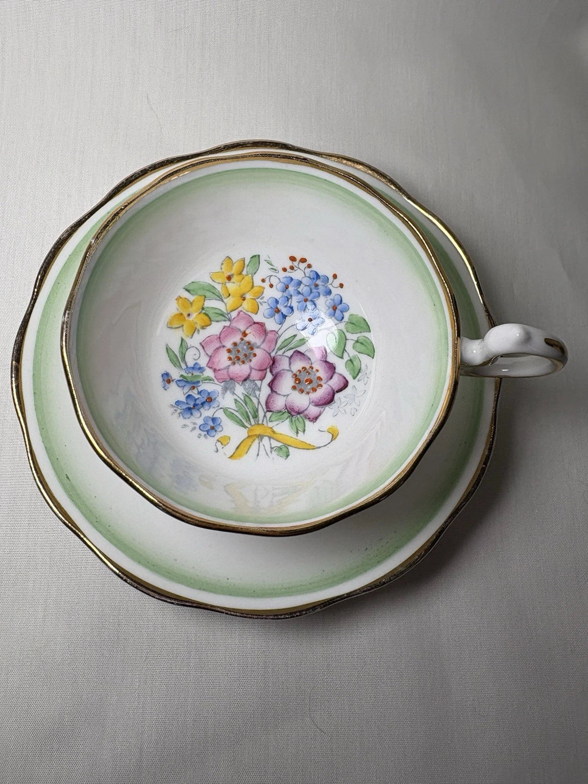 Royal Albert Bone China Teacup & Saucer England Floral Green Band Vintage- Pings