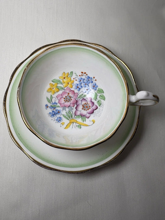 Royal Albert Bone China Teacup & Saucer England Floral Green Band Vintage- Pings