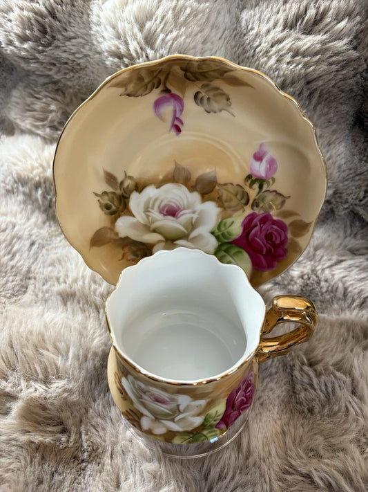 Lefton China Hand Painted Teacup & Saucer NE 1883 Roses Gold Trim Vintage - Ping