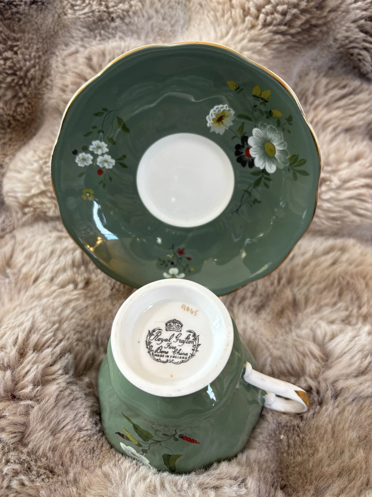 Royal Grafton Fine Bone China Teacup & Saucer – Green Floral – Gold Trim - Pings