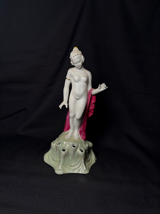 Vintage Porcelain Flower Frog Figurine - Nude Lady with Rose Drape