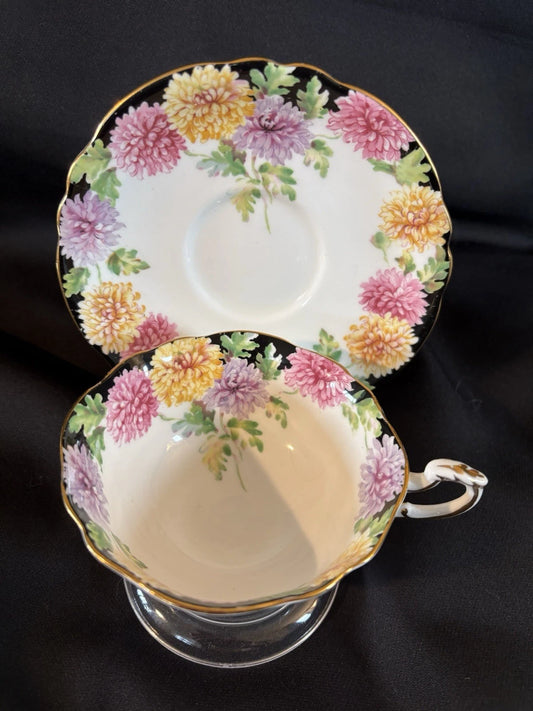 Vintage Double Warrant Paragon Mums Tea Cup & Saucer, Chrysanthemum flowers 1940