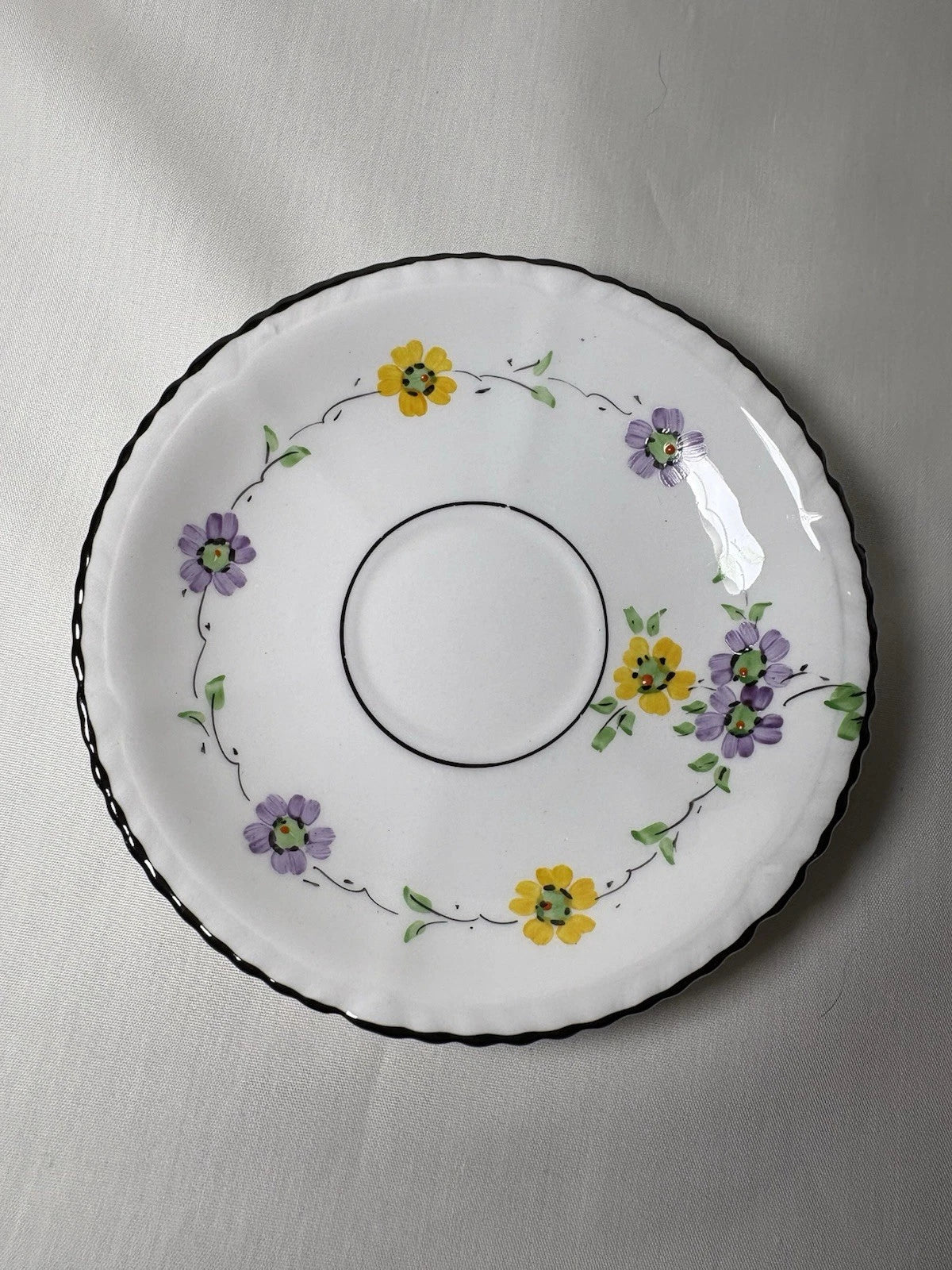 Phoenix China England Cup & Saucer Floral Black Trim Vintage- Small Chip- Pings