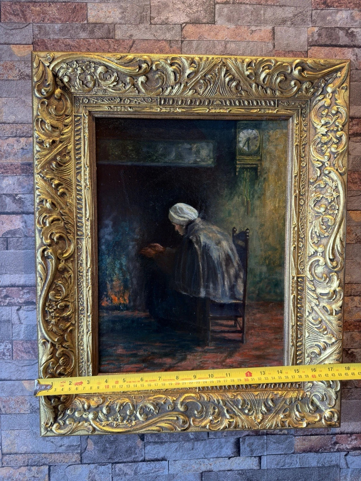 Antique Original Oil Painting – Fireside Interior Scene – Ornate Gilt Frame