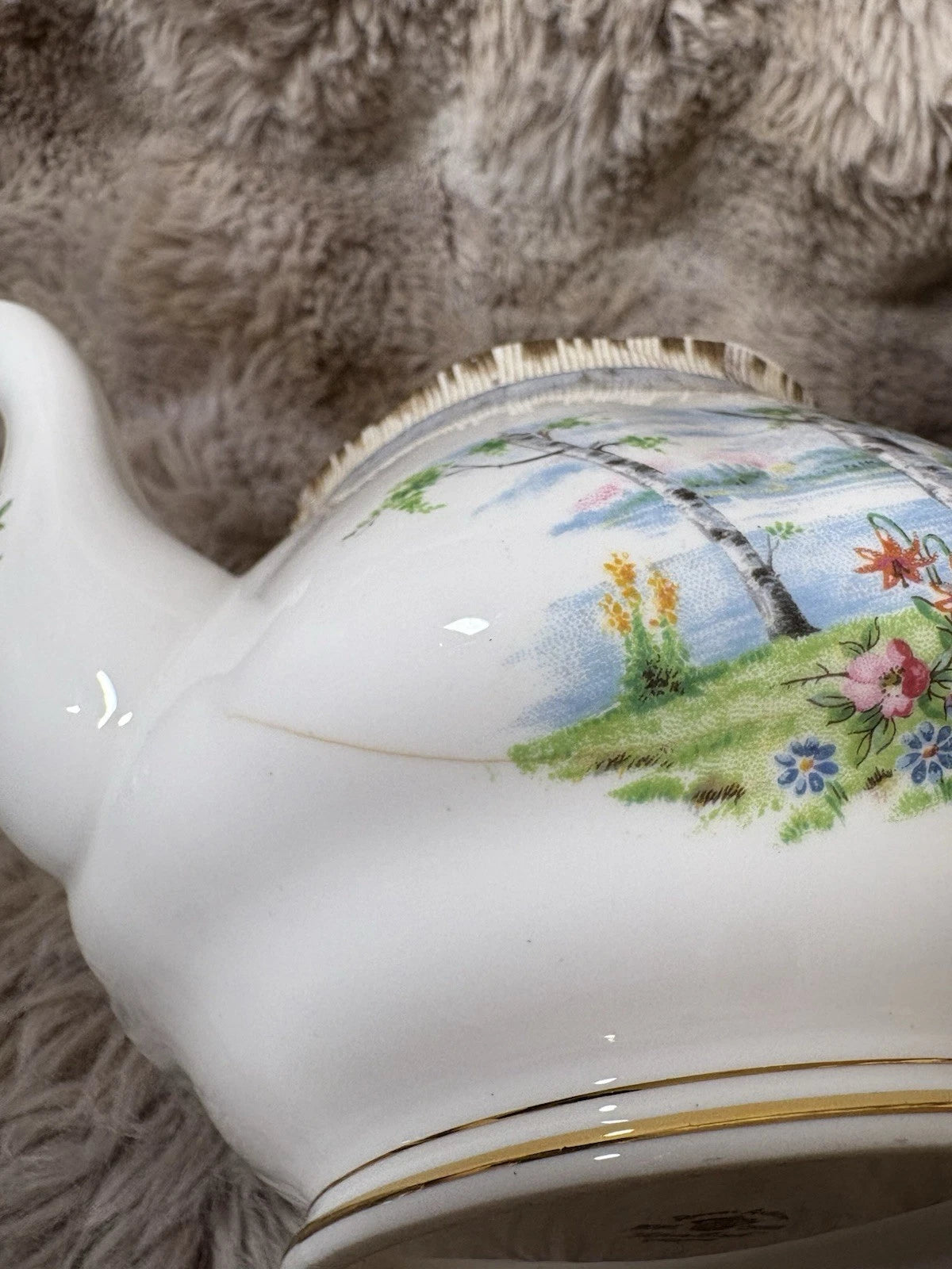Royal Albert Silver Birch Teapot & Trivet/Stand –Bone China England-crack/chip