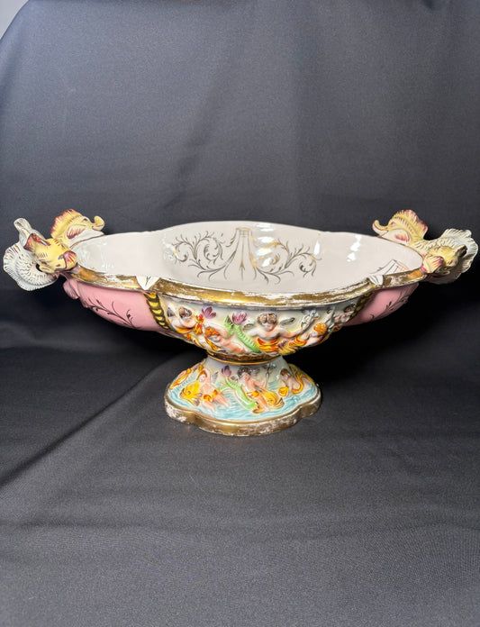 Antique Italian Capodimonte Centerpiece Bowl - Hand-Painted Cherubs & Mermaids