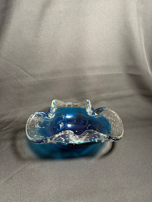 Murano Glass Bullicante Bowl – Hand-Blown Cobalt Blue & Clear Art Glass (Mid-Century Modern)