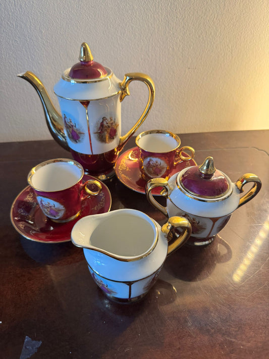 Vintage European Porcelain Tea Set with Gold Trim