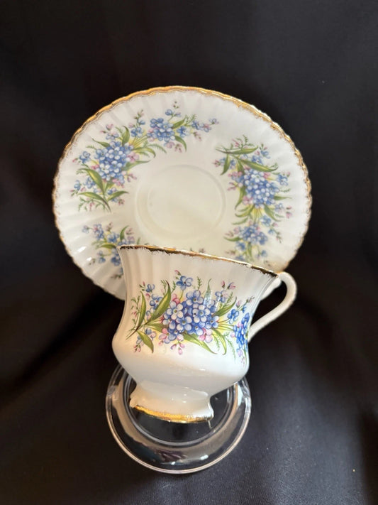 Vintage Paragon Bone China Teacup Saucer Blue Forget Me Not Floral England