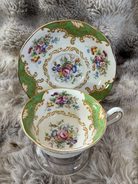 Royal Albert Bone China Teacup & Saucer Albany Green Gold Trim England- Pings