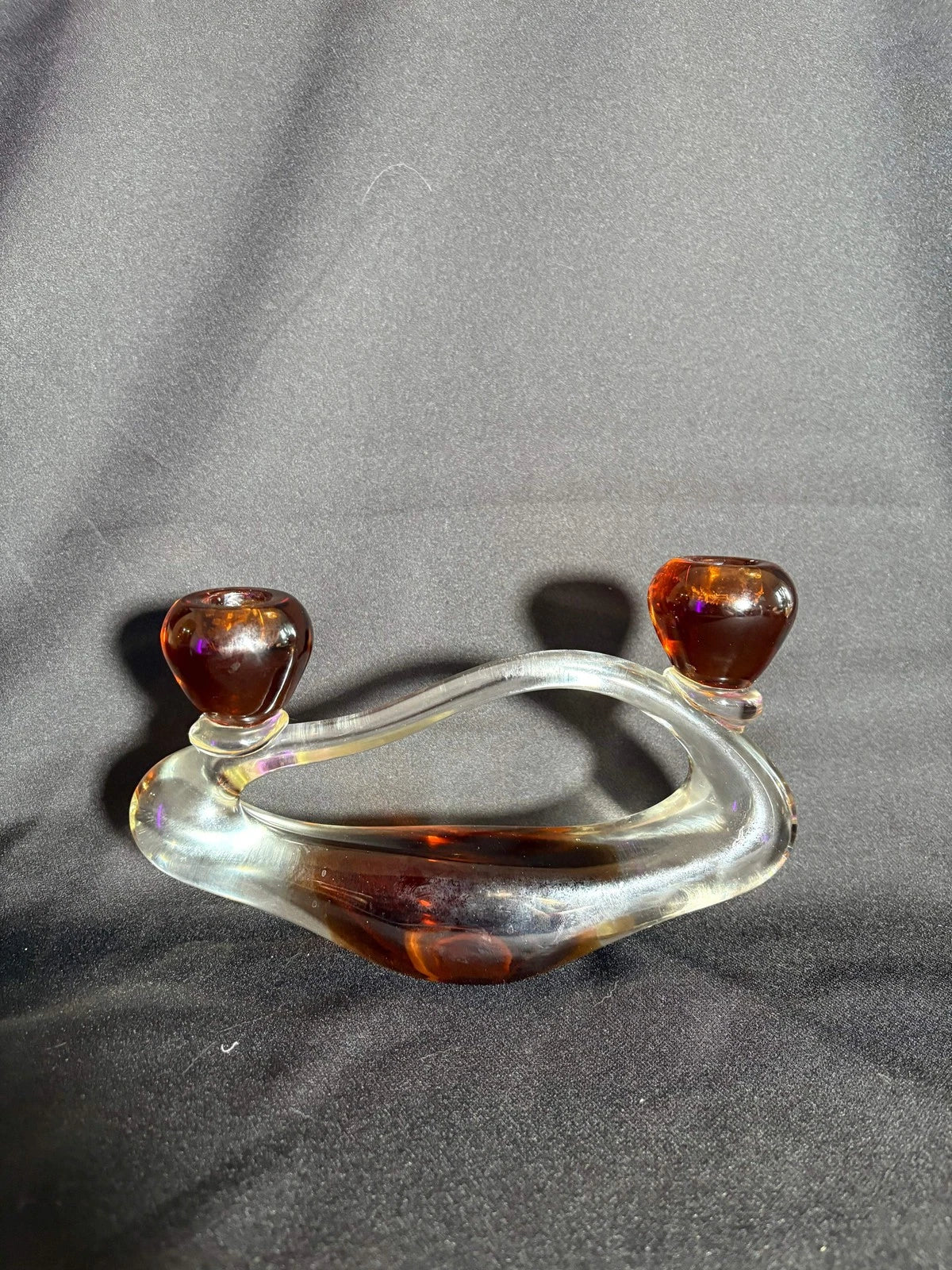 Murano Glass Double Candle Holder – Amber & Clear Hand-Blown Art Glass (Mid-Cent