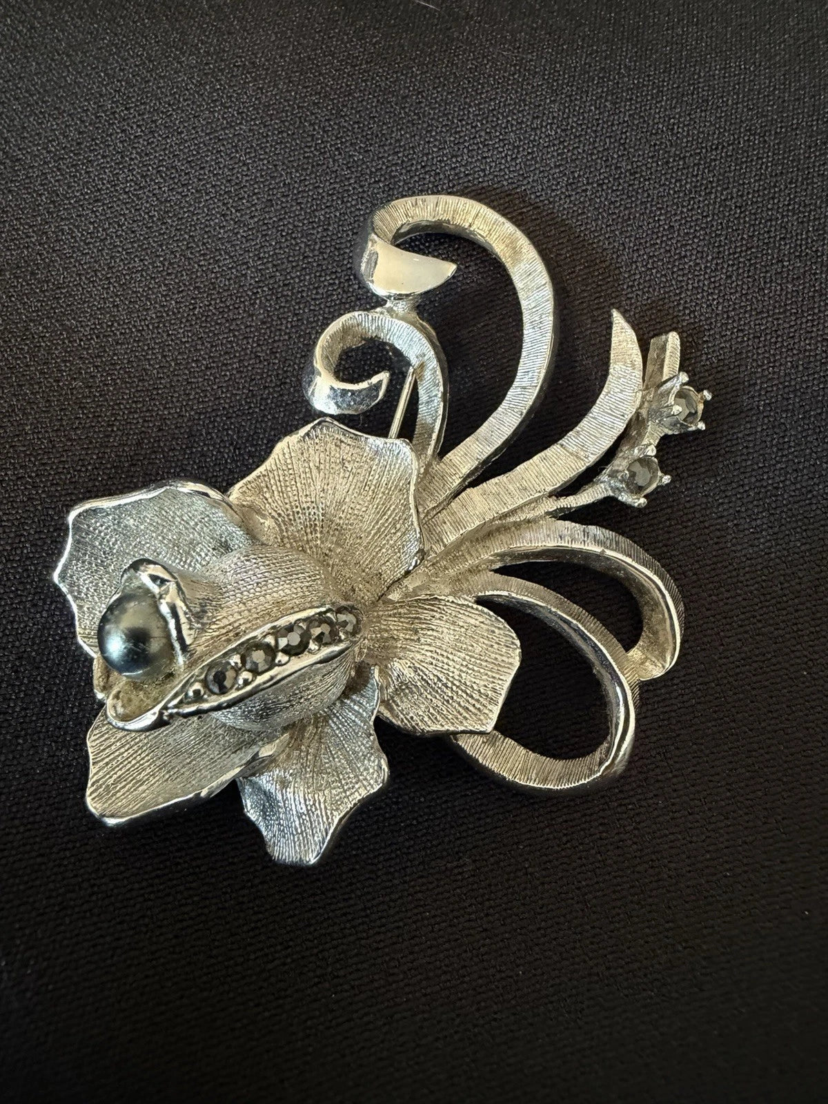 Vintage Silver Tone Flower Brooch Black Rhinestones Textured Floral Pin