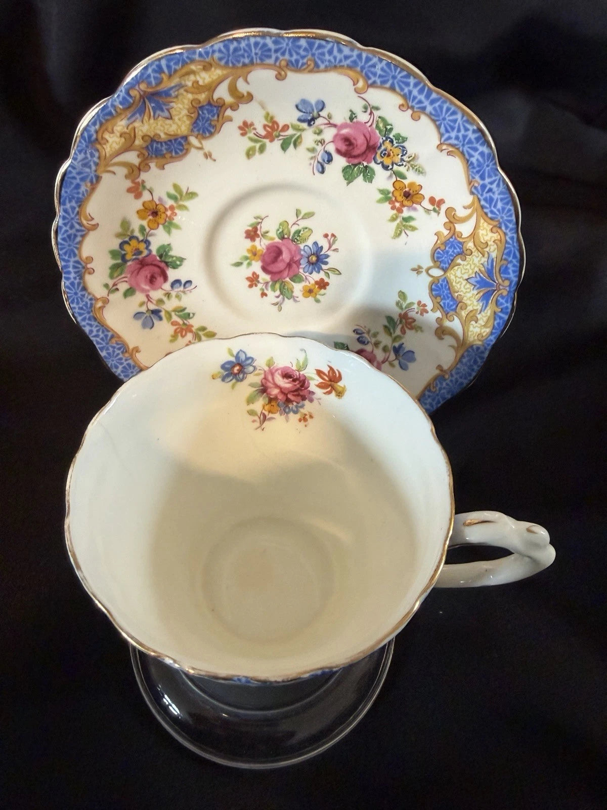 Paragon Fine Bone China Teacup & Saucer Blue Floral Gold READ Crack/Crazing