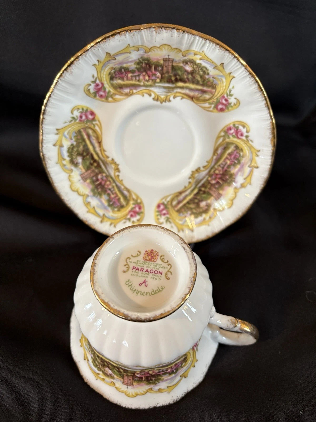 Vintage Paragon Chippendale Teacup & Saucer England Gold Gilt Bone China