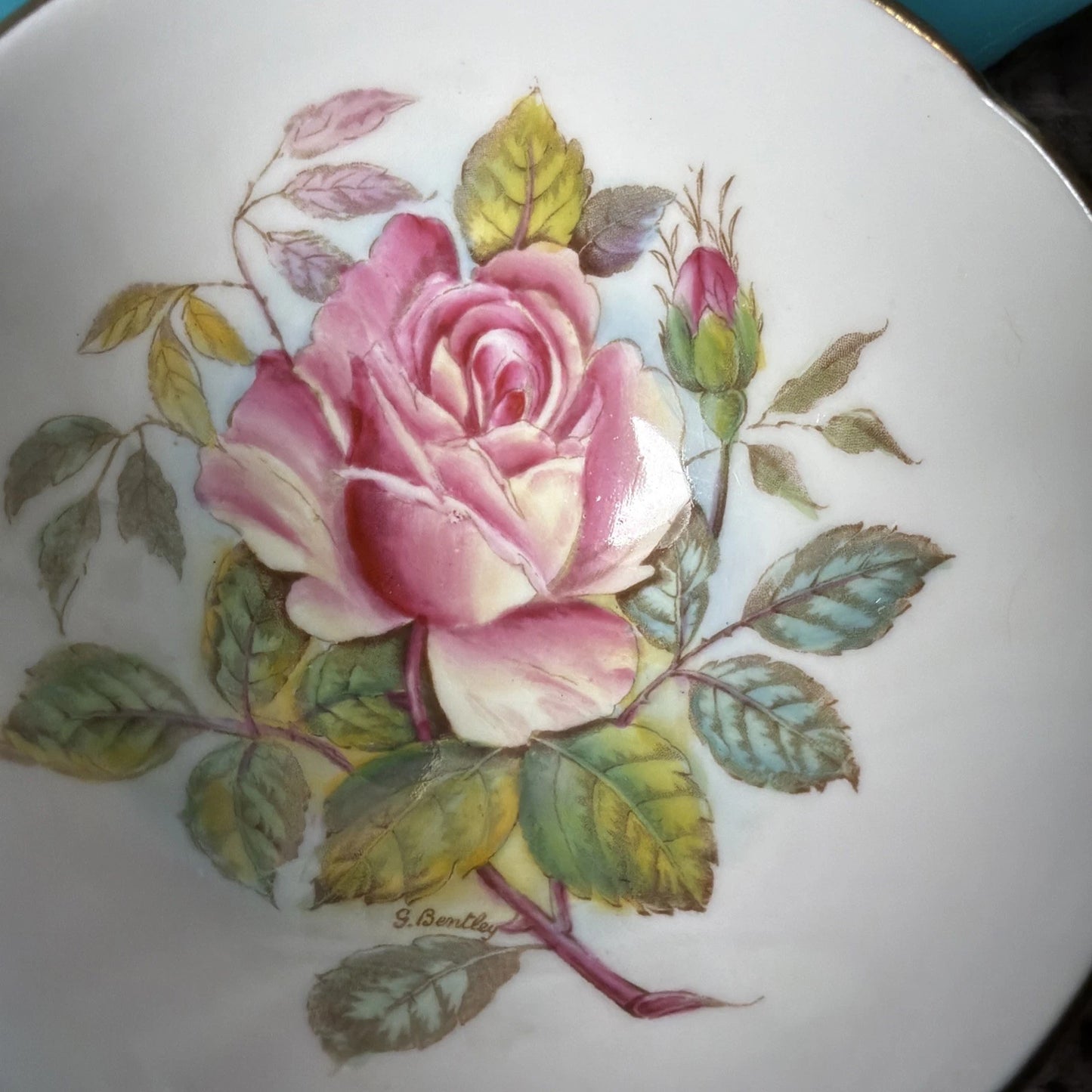READ Aynsley G. BENTLEY Hand Painted WILD ROSE Signed Teacup Saucer - Crazing