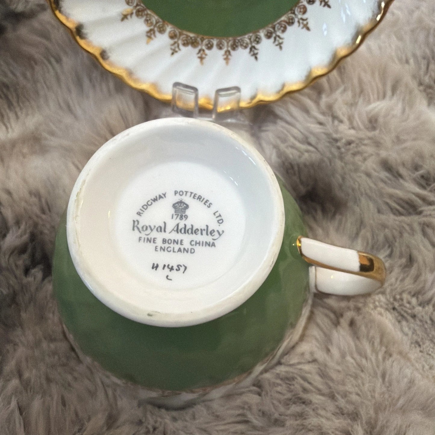 Vintage Teacup and Saucer - Royal Adderley Bone China - 1930s Green Gold - Pings