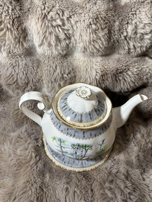 Royal Albert Silver Birch Teapot & Trivet/Stand –Bone China England-crack/chip
