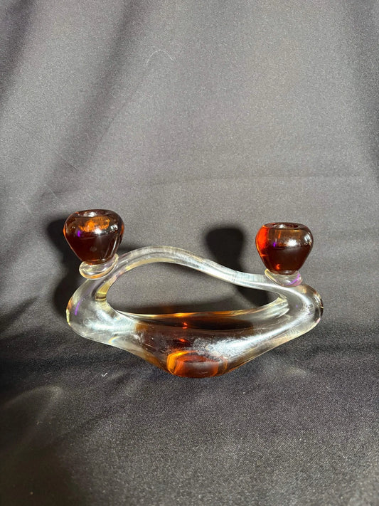 Murano Glass Double Candle Holder – Amber & Clear Hand-Blown Art Glass (Mid-Cent