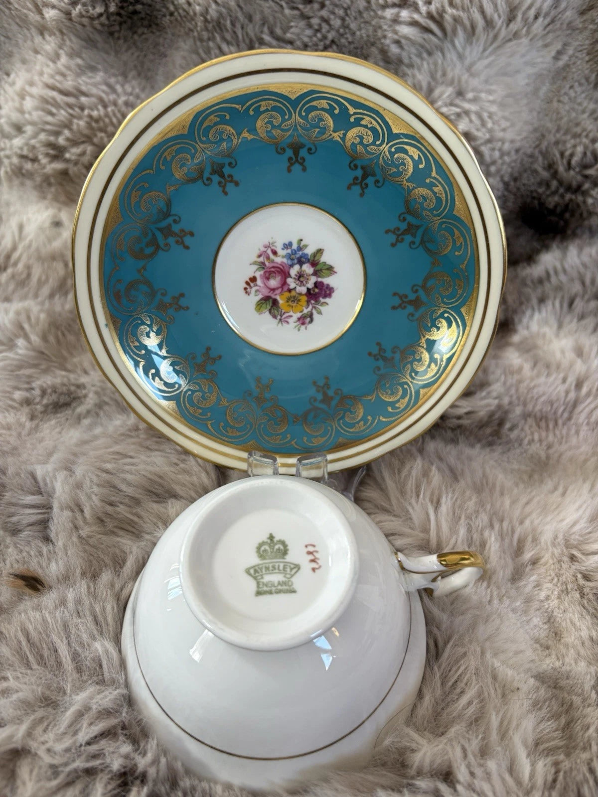 Aynsley England Turquoise Teacup & Saucer | Gold Gilt | Floral Centre - Pings