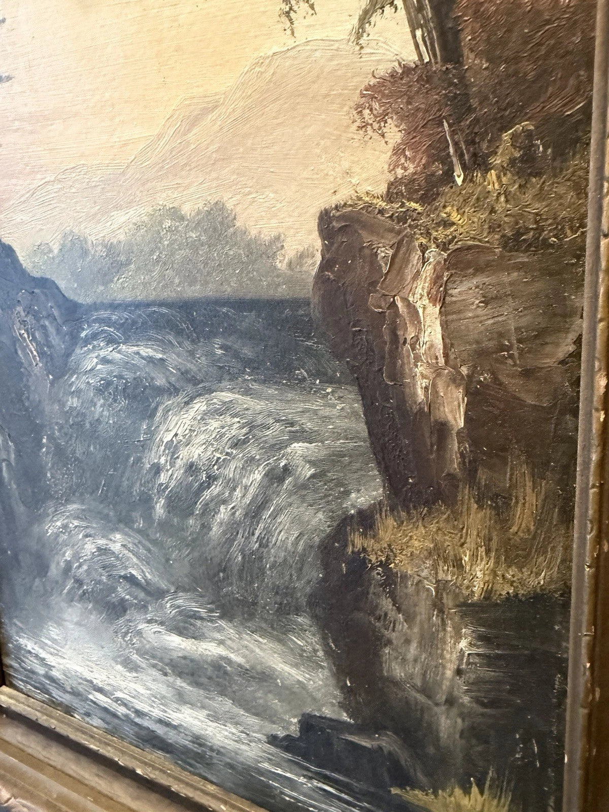 Antique Oil Painting – Dramatic Waterfall Landscape – Ornate Frame