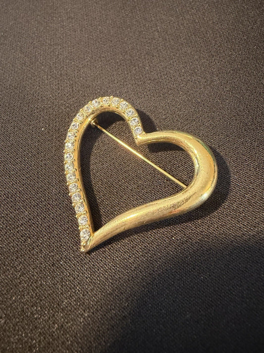 Vintage Avon Gold Tone Heart Brooch Rhinestone Accent Love Pin Signed Romantic