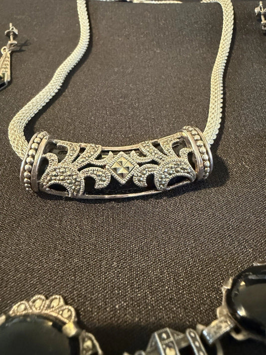 Vintage Sterling Silver Marcasite & Black Onyx Jewelry Set