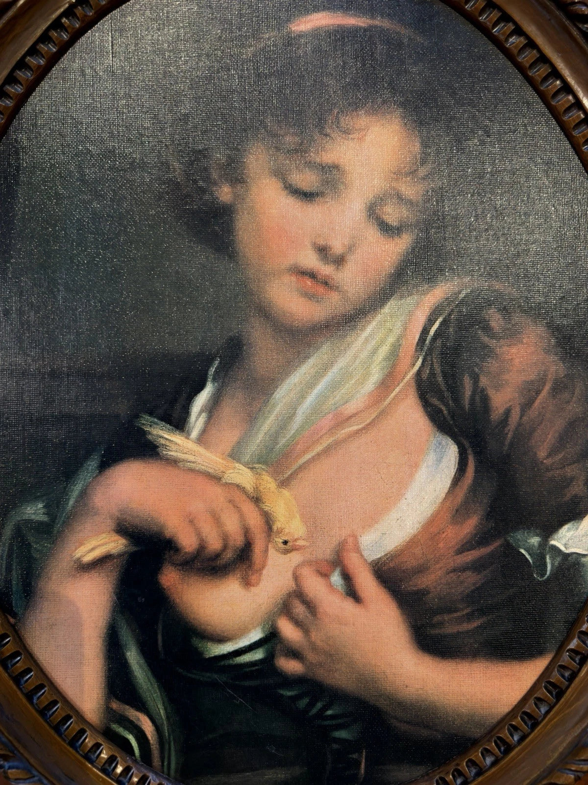 Art Print – Classical Portrait of Young Woman with Bird - Ornate wood frame